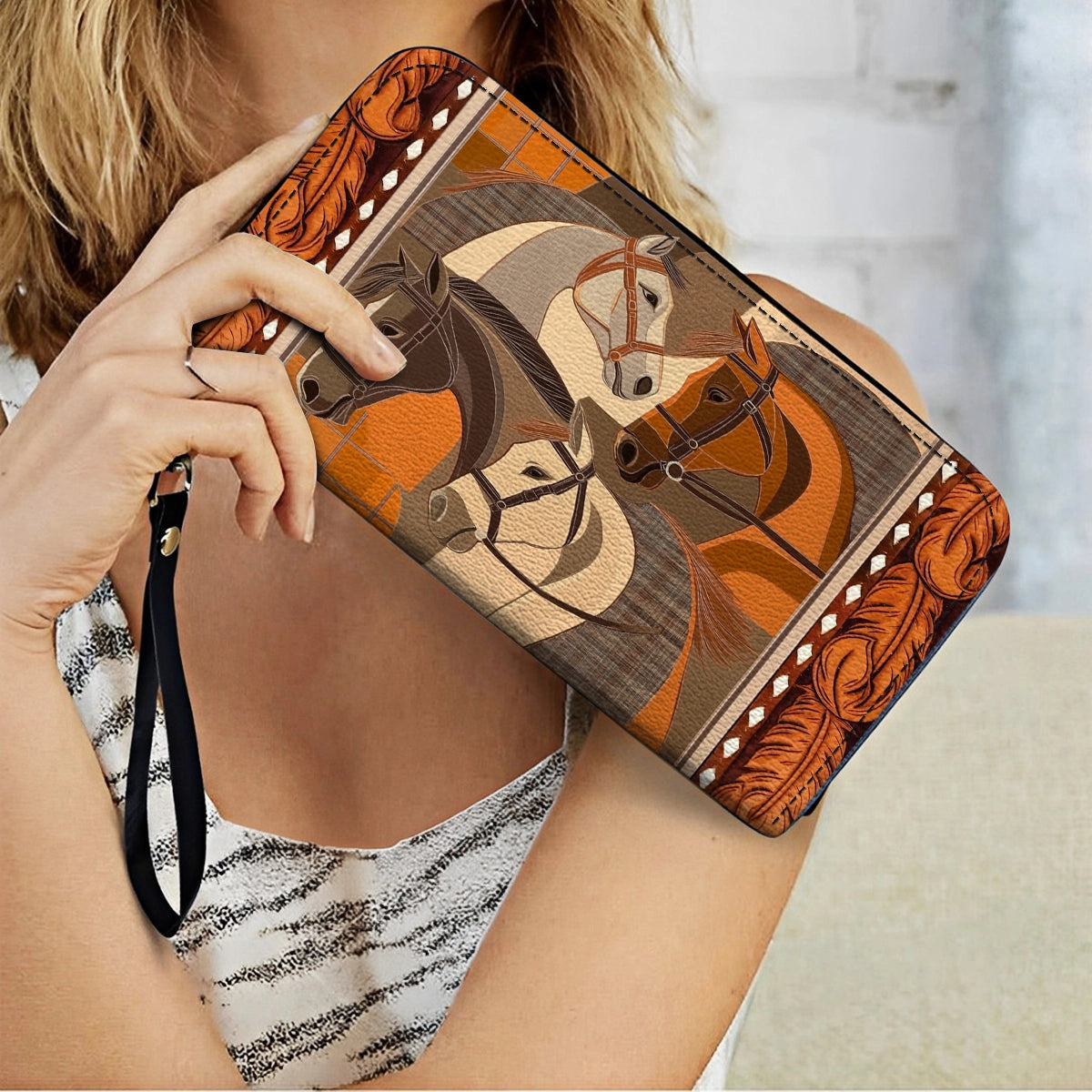 Shineful Leather Clutch Purse With Wristlet Strap Handle Masterpiece In Horse