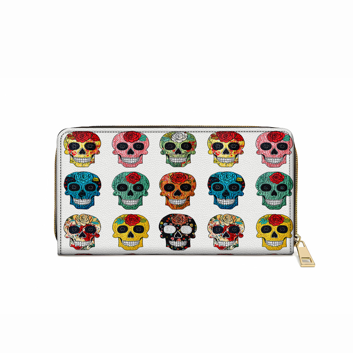 Shineful Leather Clutch Purse With Wristlet Strap Handle Colorful Sugar Skull Roses