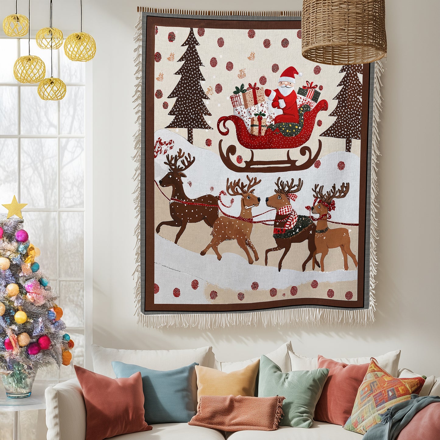 Shineful Woven Tapestry Throw Blanket - Cozy Santa Claus With Reindeer Pulling His Sleigh Full Of Gifts