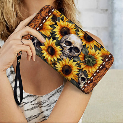 Shineful Leather Clutch Purse With Wristlet Strap Handle Sunflower Skull