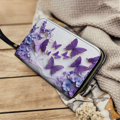 Shineful Leather Clutch Purse With Wristlet Strap Handle Purple Blossom Wings