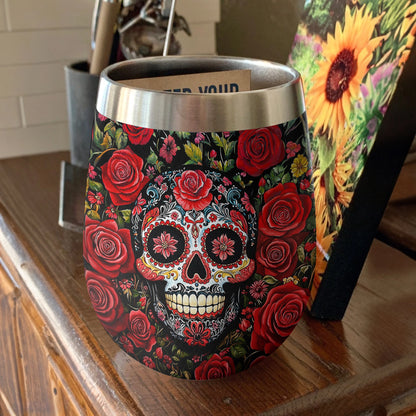 Shineful Wine Tumbler Roses & Sugar Skull Elegance