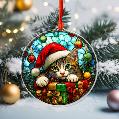 Ornement en acrylique 2D brillant en forme de chat mignon avec surprise de Noël