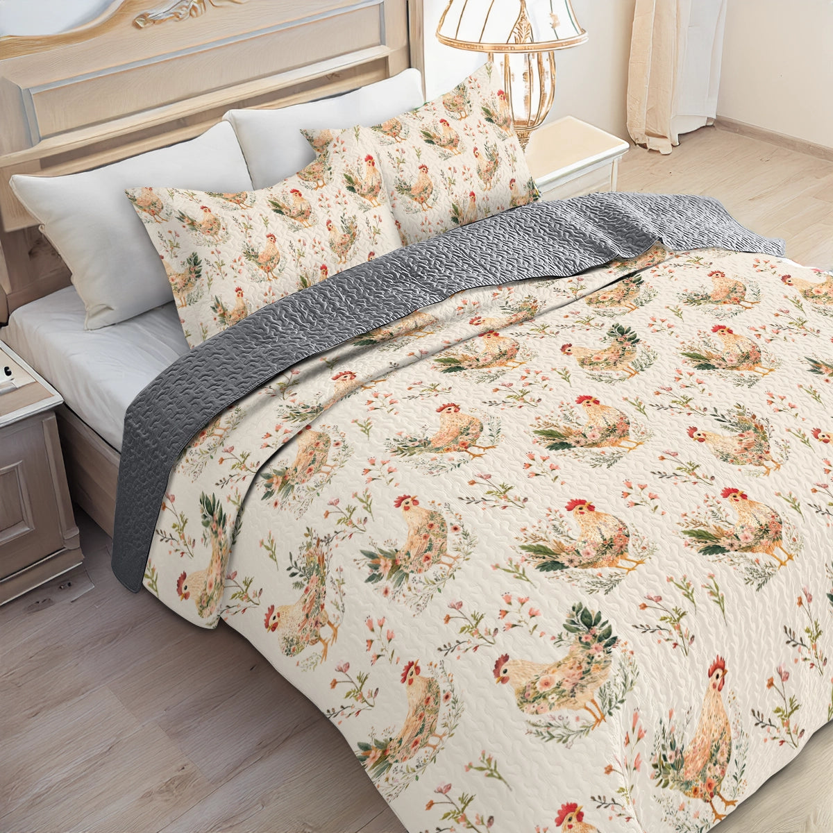 Shineful All Season Quilt 3-Piece Set - Botanical Chicken Garden