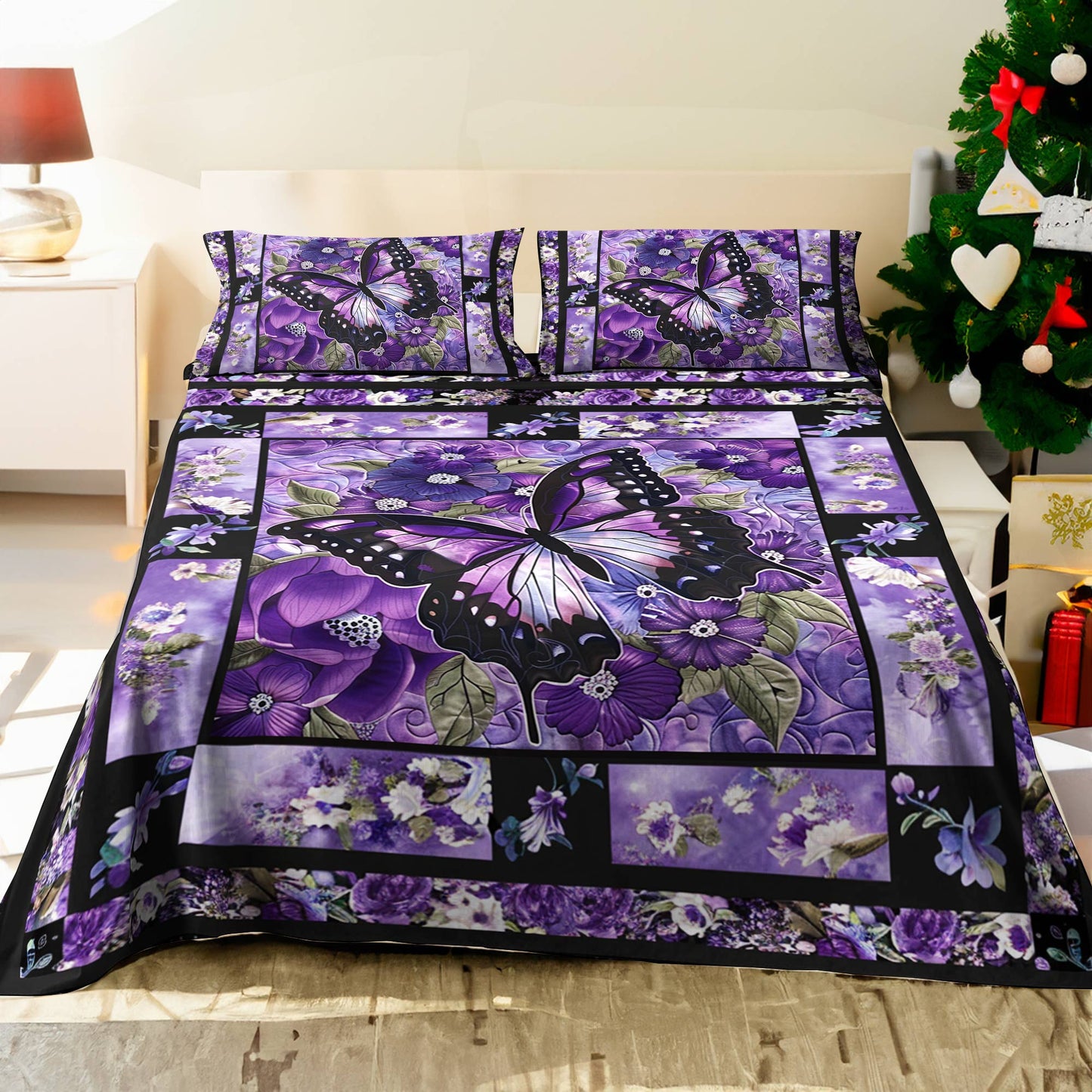 Shineful 4-Piece Bed Sheet Set Gorgeous Purple Butterfly Flowers