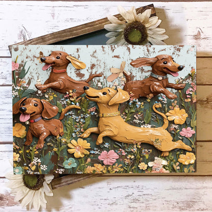 Shineful 2D Flat Print Metal Sign Cute Dachshunds In Flowers Garden