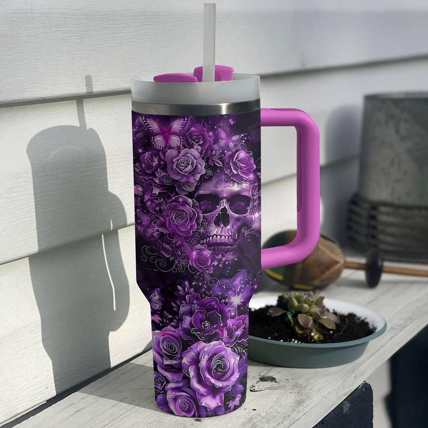 Shineful Glossy Tumbler Magnificent Purple Rose Skull