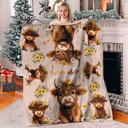 Shineful Fleece Blanket Highland Cow With Flowers