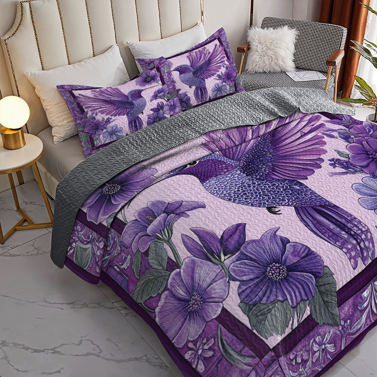 Shineful All Season Quilt 3-Piece Set Purple Hummingbird