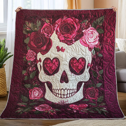 Shineful Flat Print Faux Quilt Blanket - Romantic Skull with Roses and Heartfelt Elegance