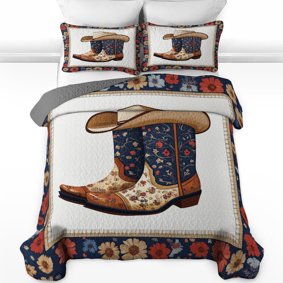 Shineful All Season Quilt 3-Piece Set Wildflower Cowboy Boots