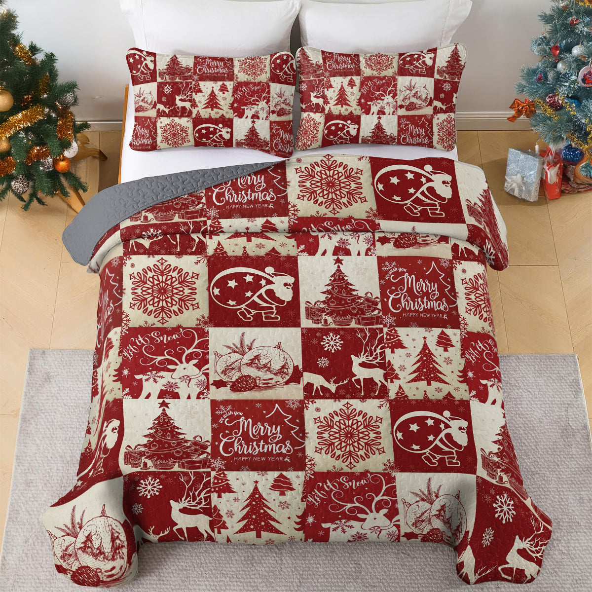 Shineful All Season Quilt 3-Piece Set Red Merry Christmas