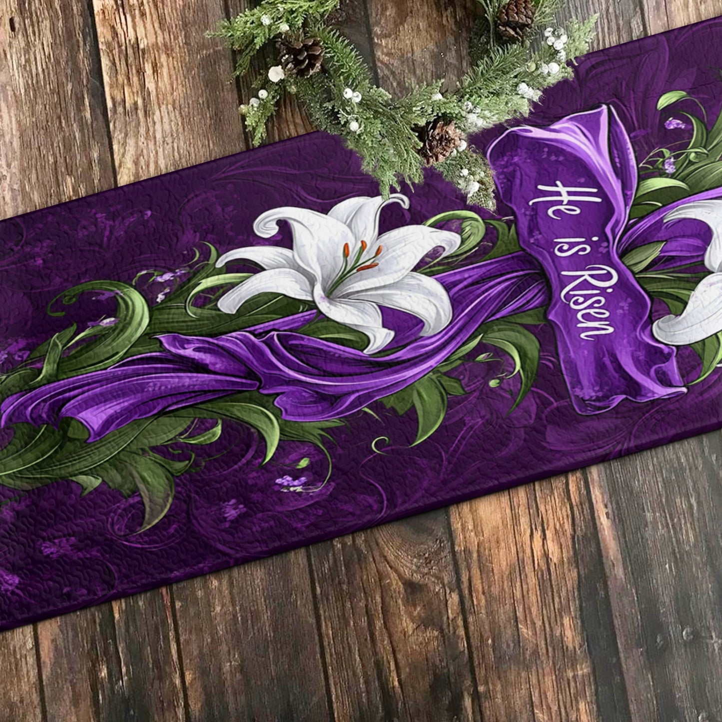 Shineful 2D Flat Print Quilted Table Runner He is Risen Lily