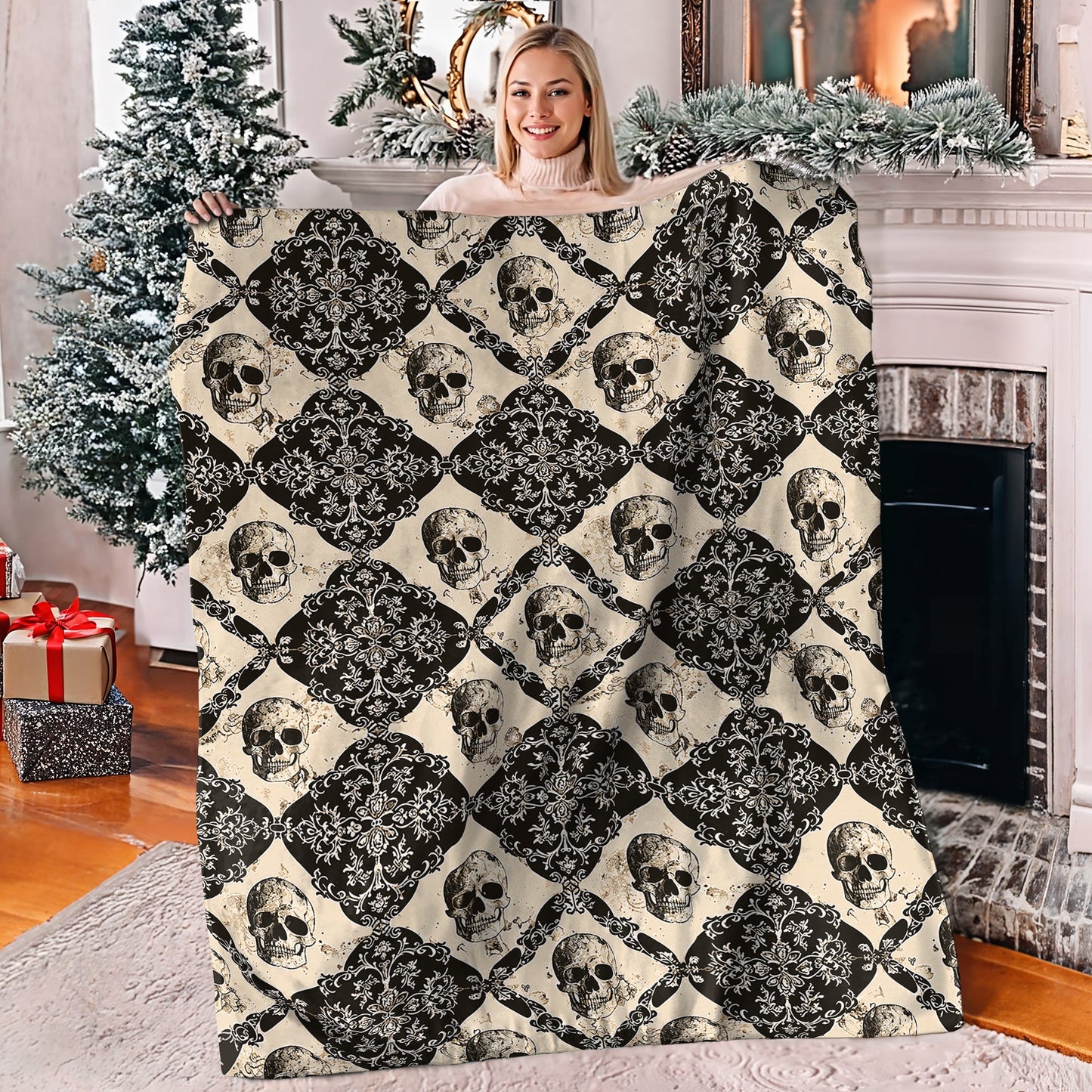 Shineful Fleece Blanket Elegant Skull Damask Pattern