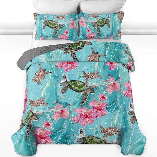 Shineful All Season Quilt 3-Piece Set - Sea Turtle Hibiscus