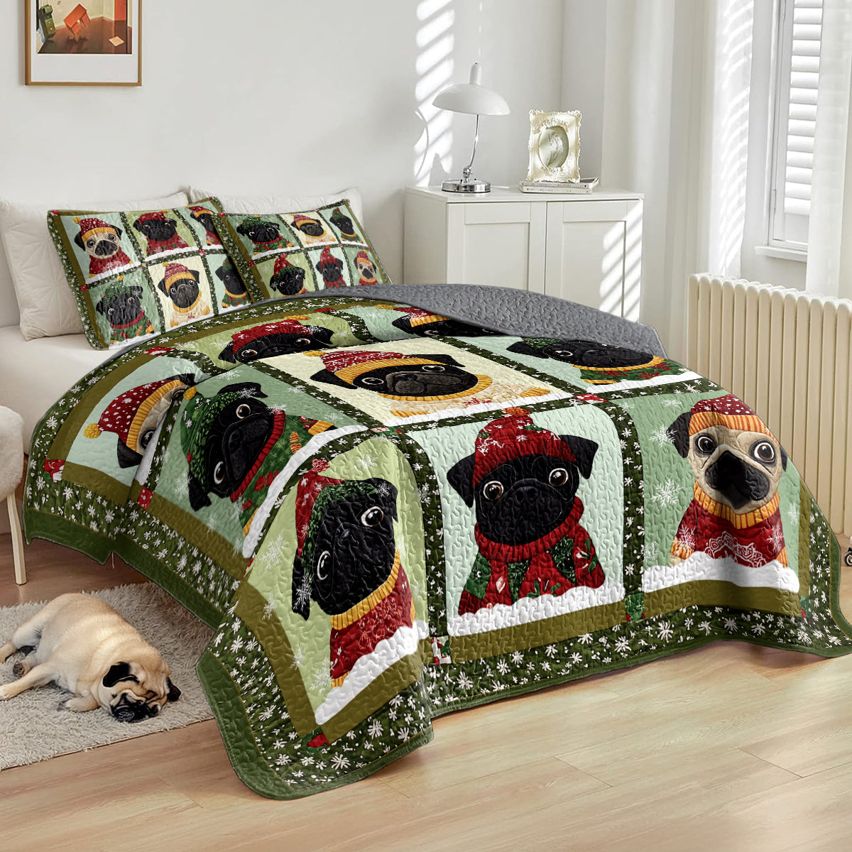 Shineful Flat Print All Season Quilt 3-Piece Set Christmas Wintery Puggy