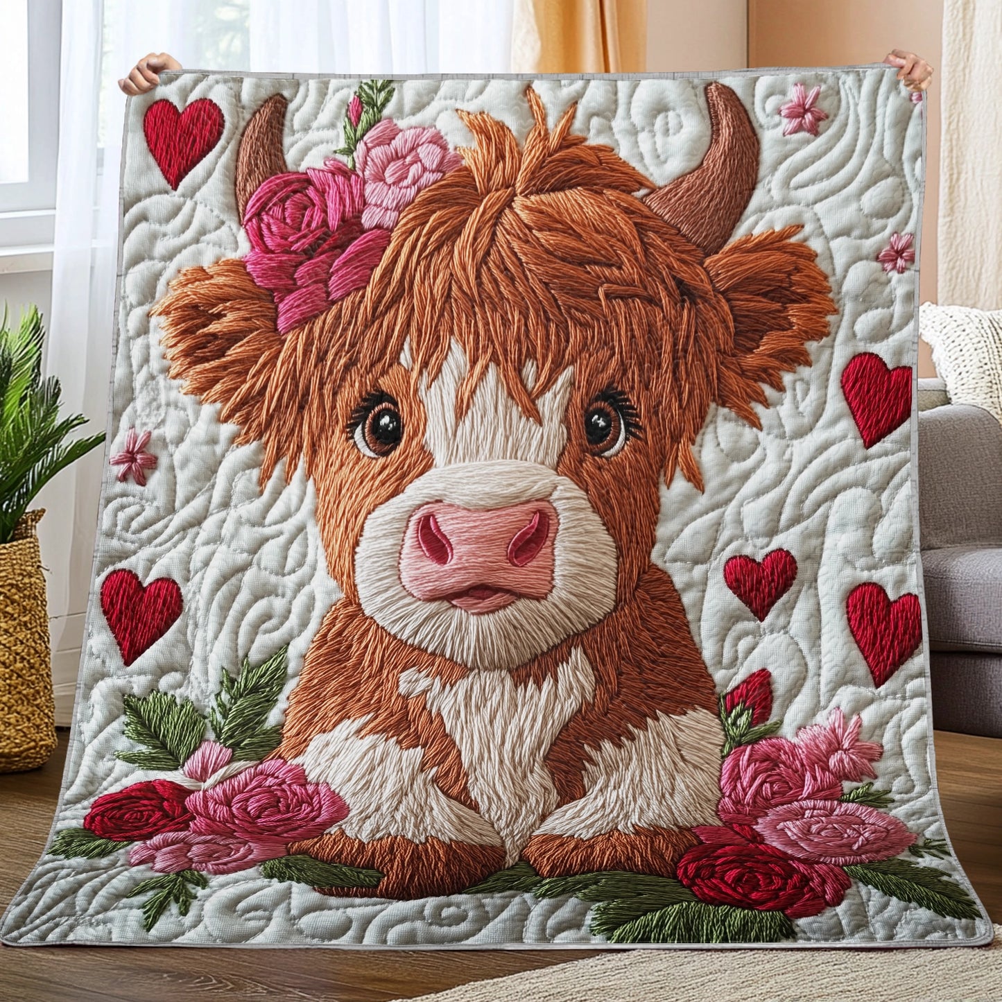 Shineful Flat Print Faux Quilt Blanket -  Adorable Highland Cow with Floral Charm and Love Hearts