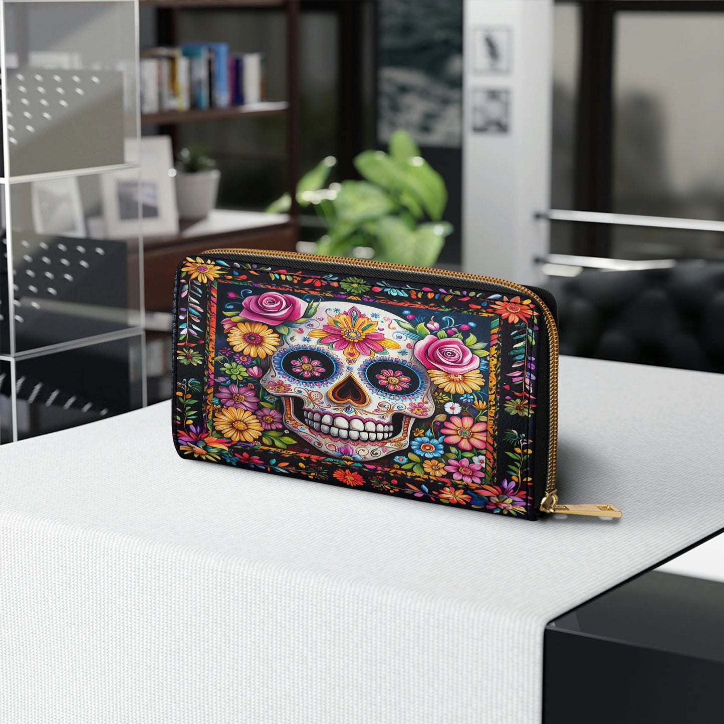 Shineful Leather Clutch Purse With Wristlet Strap Handle Calavera Floral Dreams