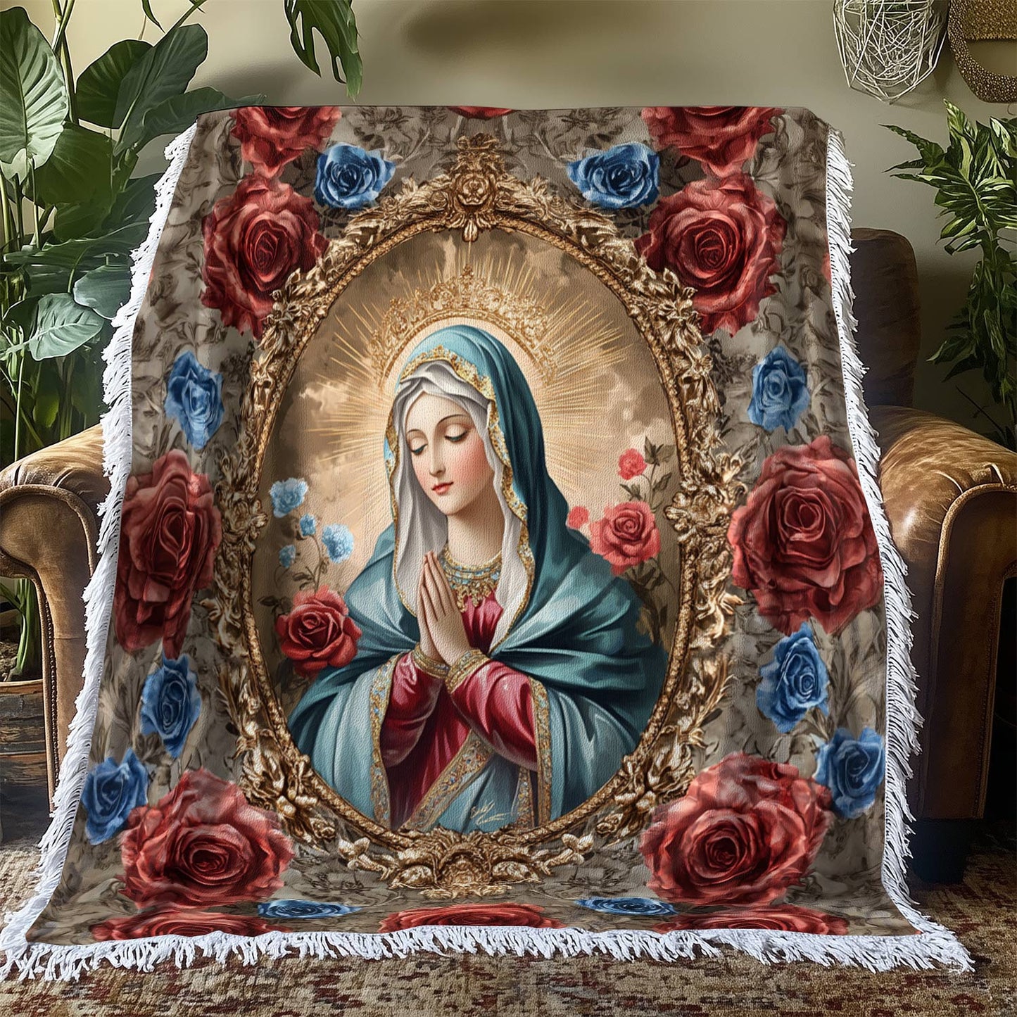 Shineful Woven Tapestry Throw Blanket Heavenly Rose and Mary