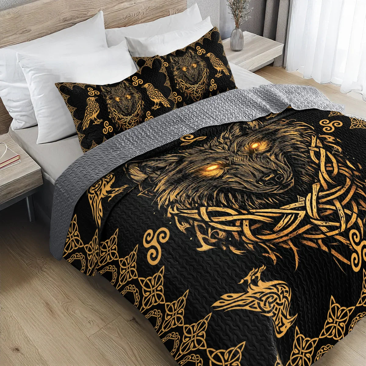 Shineful All Season Quilt 3-Piece Set Celestial Wolf Celtic