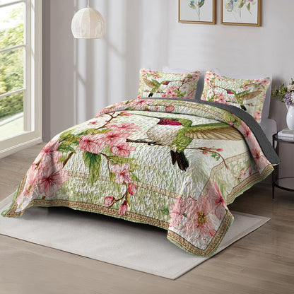 Shineful All Season Quilt 3-Piece Set Hummingbird And Cherry Blossoms