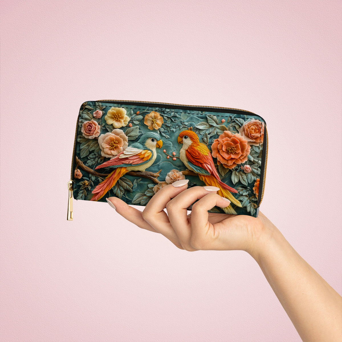 Shineful Leather Clutch Purse With Wristlet Strap Handle Ethereal Lovebirds