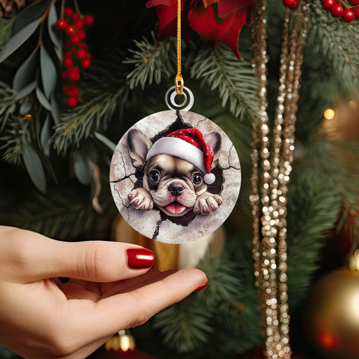 Shineful 2D Acrylic Ornament - Frenchie Peek-A-Boo Christmas