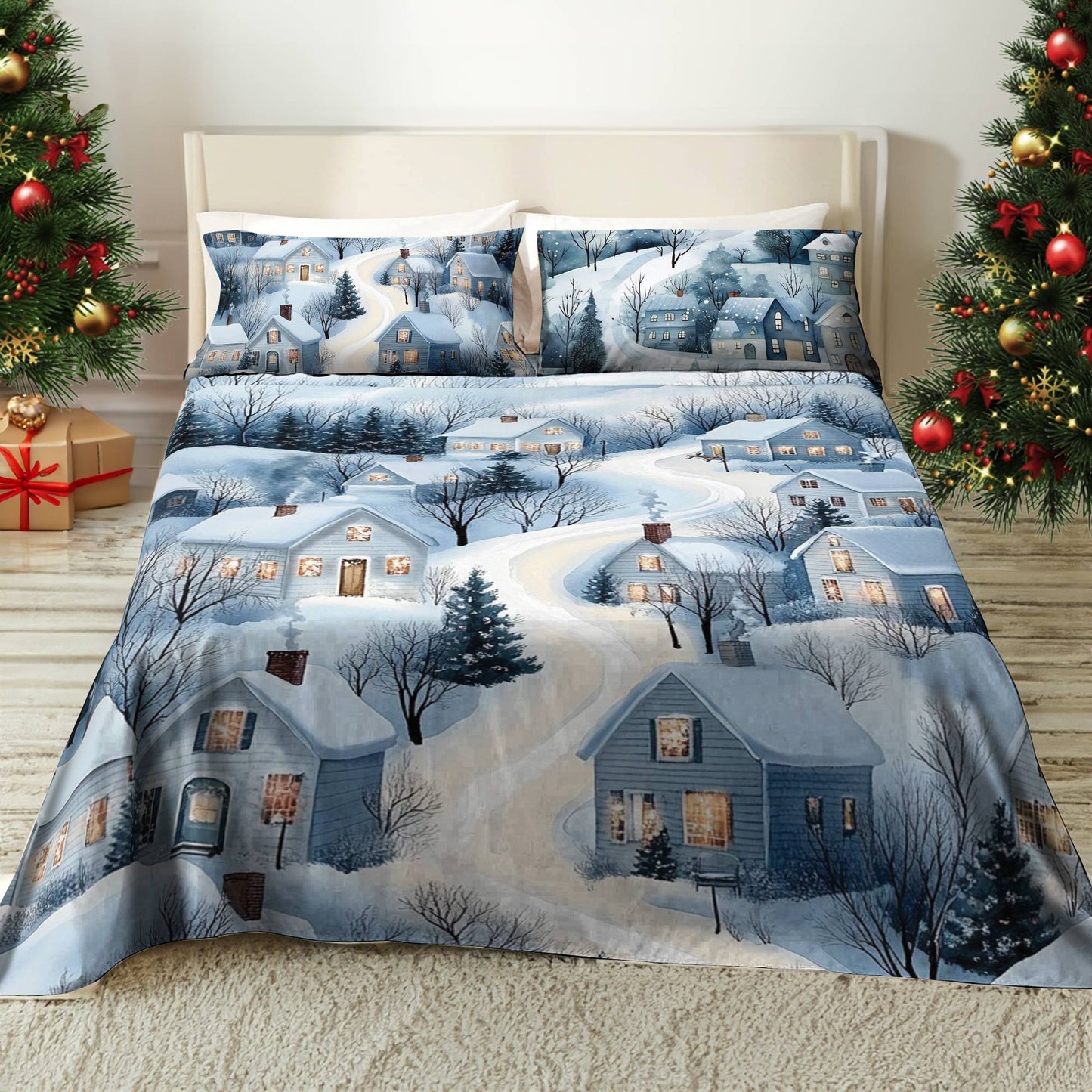 Shineful 4-Piece Bed Sheet Set Winter Village