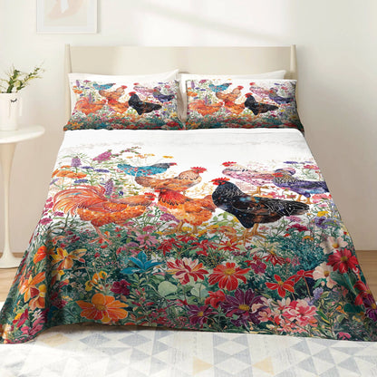 Shineful 4-Piece Bed Sheet Set - Chicken Rooster Garden Bliss