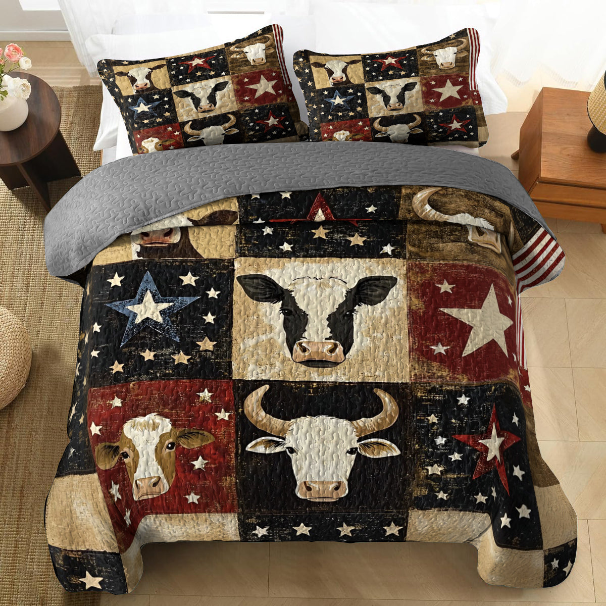 Shineful All Season Quilt 3-Piece Set Rustic Cows