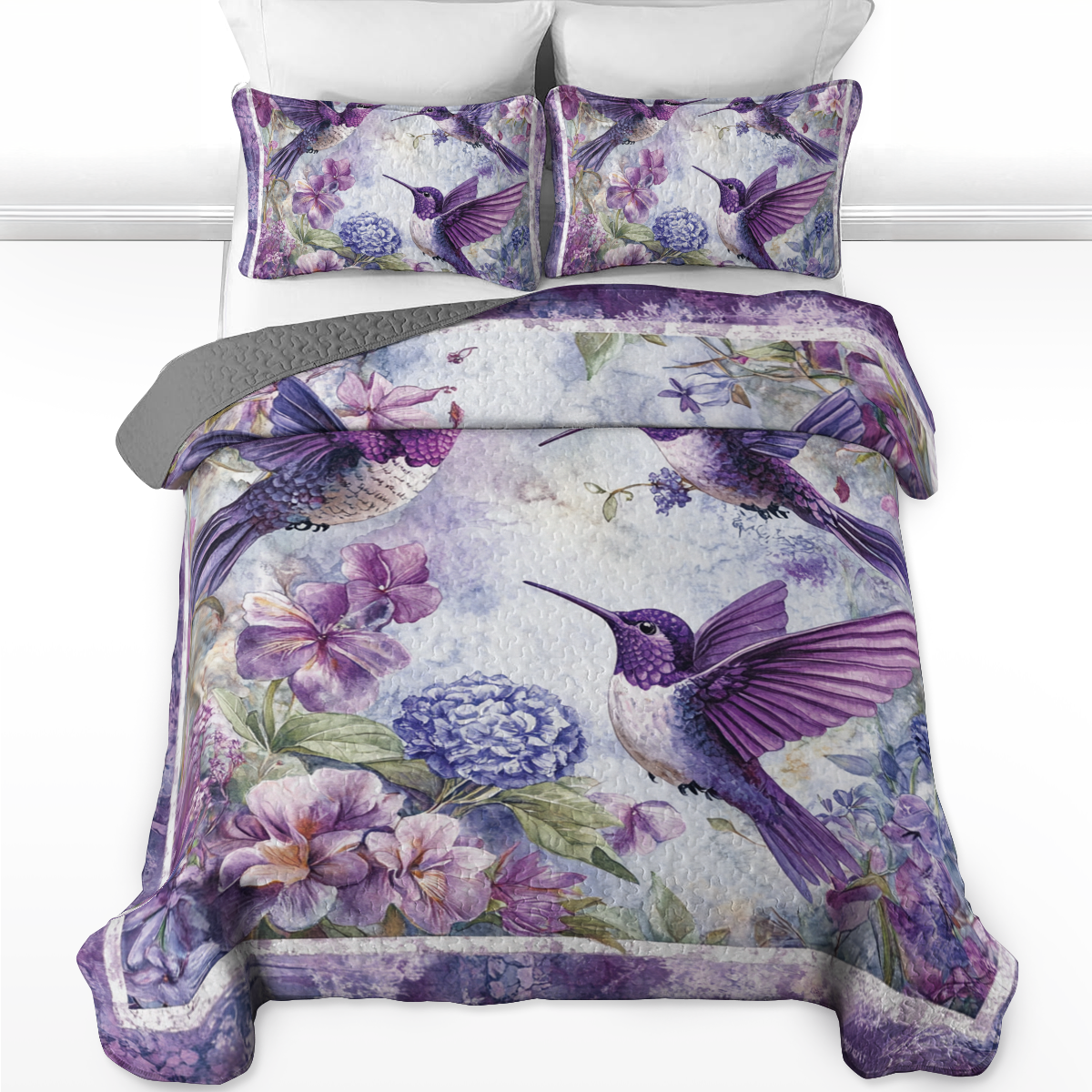 Shineful All Season Quilt 3-Piece Set - Violet Hummingbird