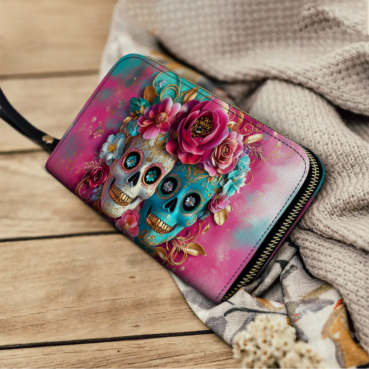 Shineful Leather Clutch Purse With Wristlet Strap Handle Sugar Skull Love