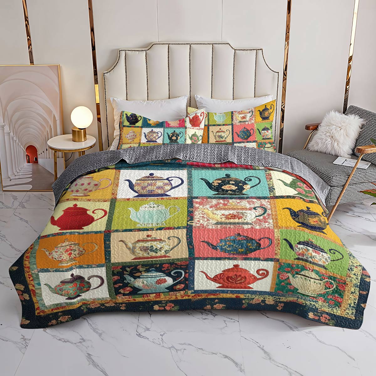 Shineful All Season Quilt 3-Piece Set - Vintage Teapot