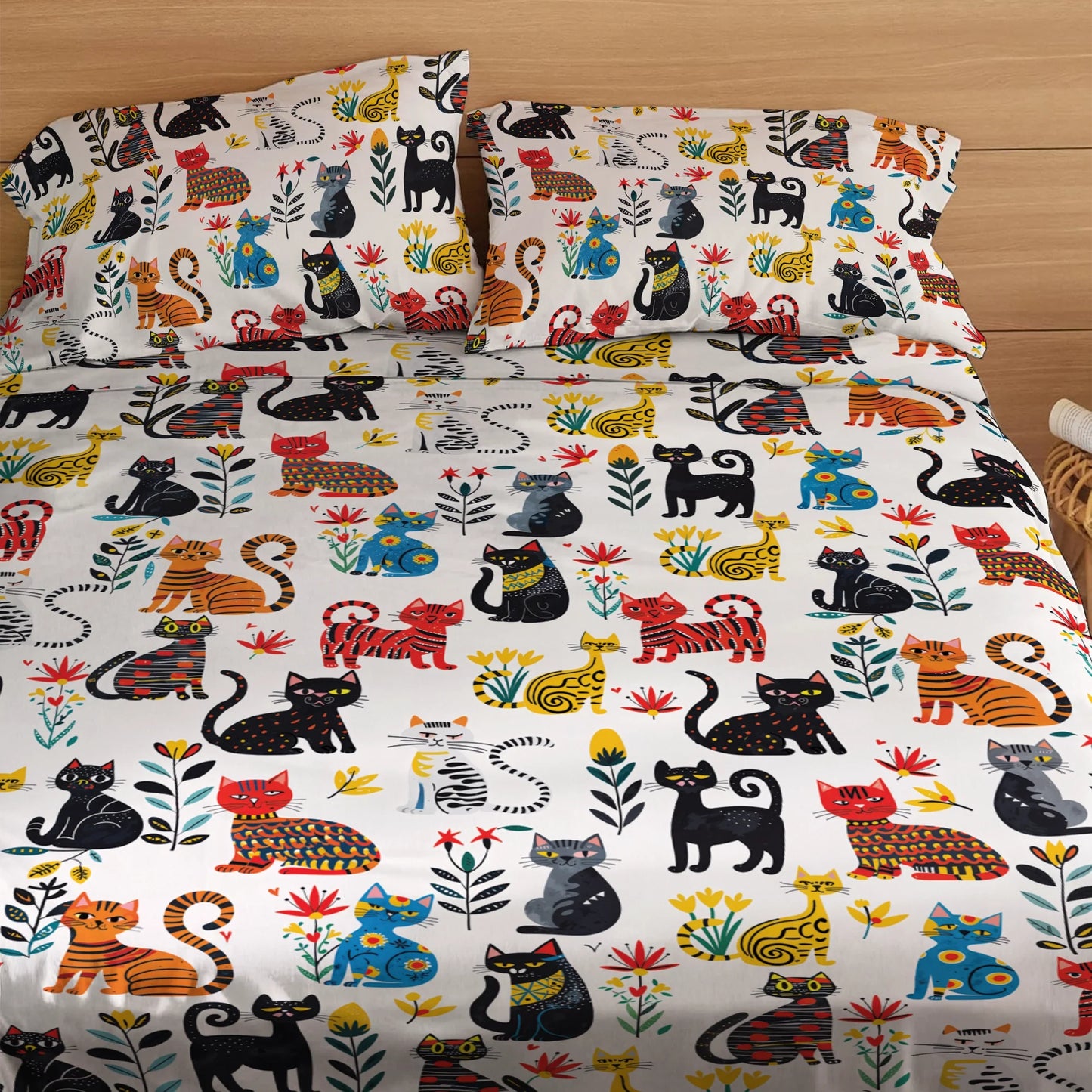 Shineful 4-Piece Bed Sheet Set Cute Whimsical Cat