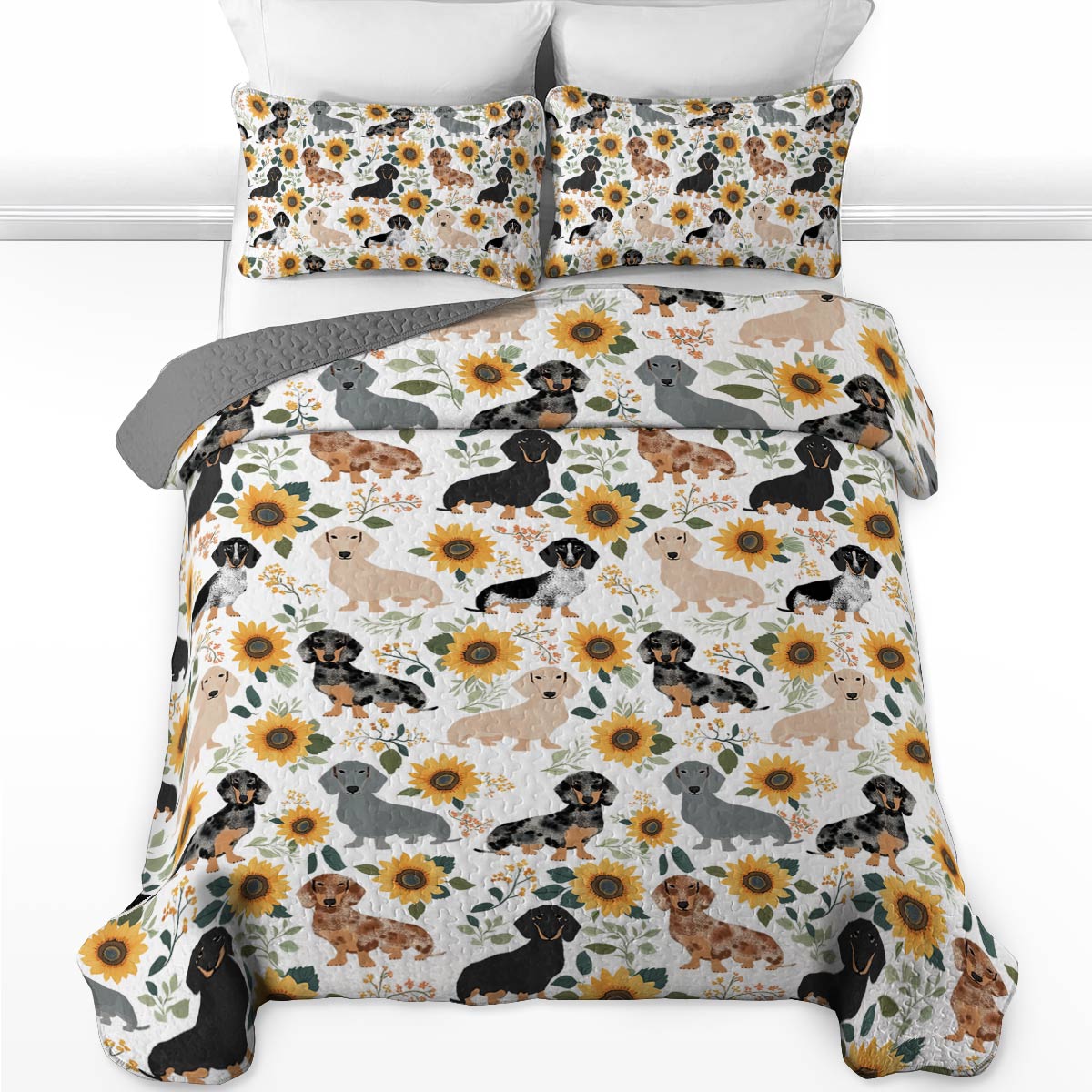 Shineful All Season Quilt 3-teiliges Set – Dackel und Sonnenblumen 