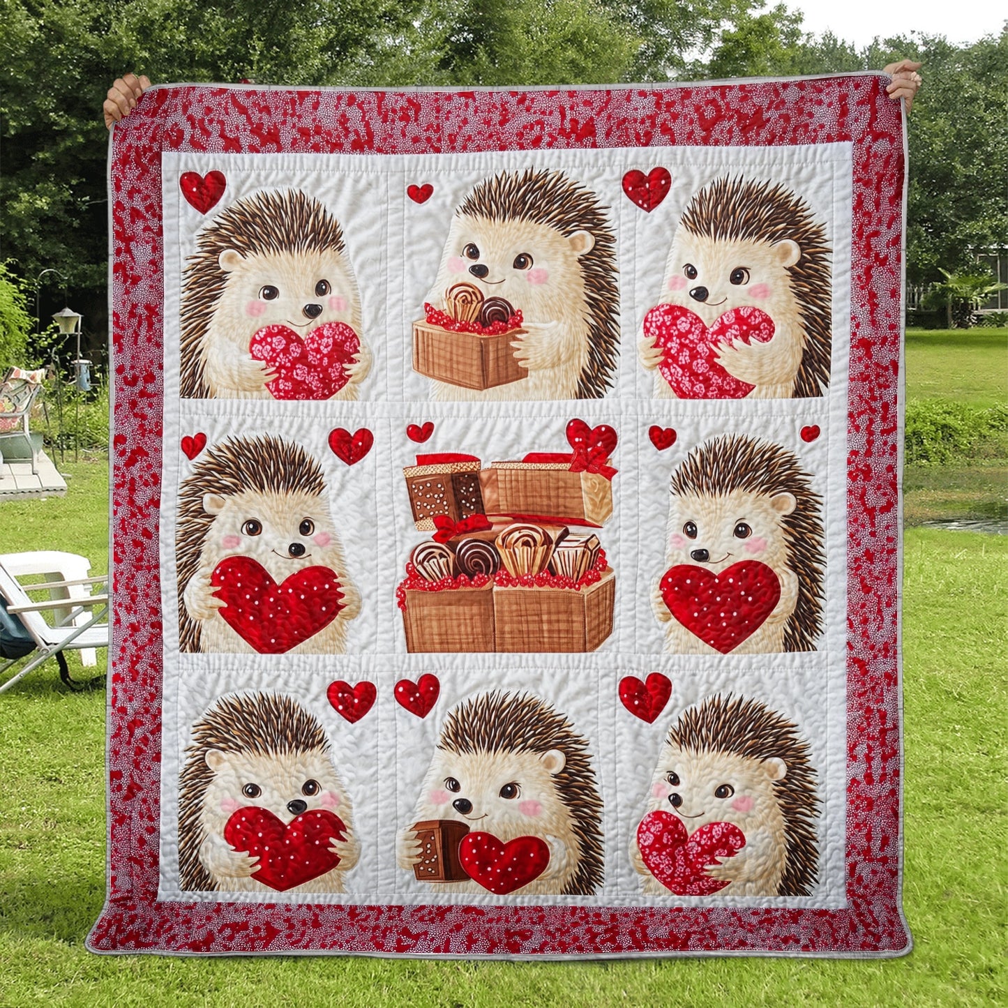 Shineful Flat Print Faux Quilt Blanket - Adorable Hedgehogs Sharing Valentine Sweets and Love