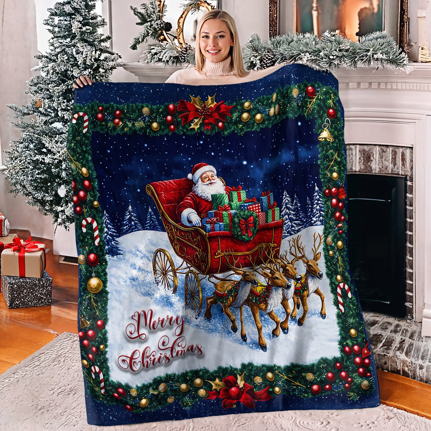 Shineful Fleece Blanket Santa's Sleigh Ride Christmas Quilt