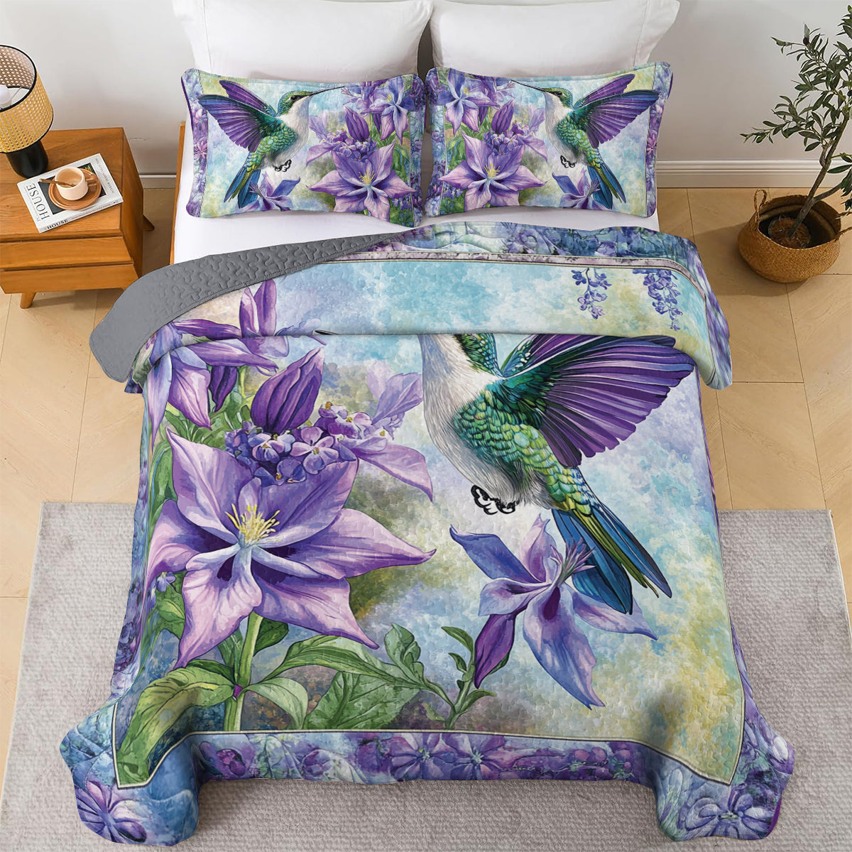 Shineful All Season Quilt 3-Piece Set Hummingbird Lavender Bloom