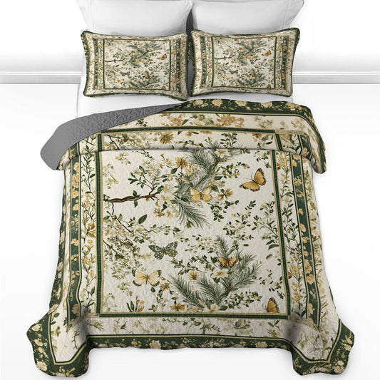 Shineful All Season Quilt 3-Piece Set Natural Flower Garden with Butterfly