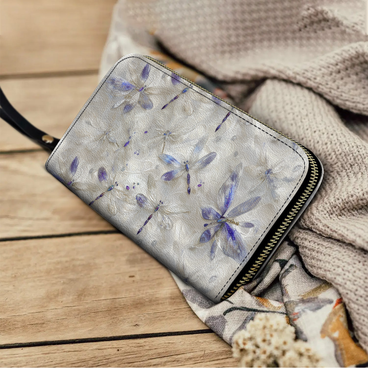 Shineful Leather Clutch Purse With Wristlet Strap Handle Ethereal Dragonfly Elegance