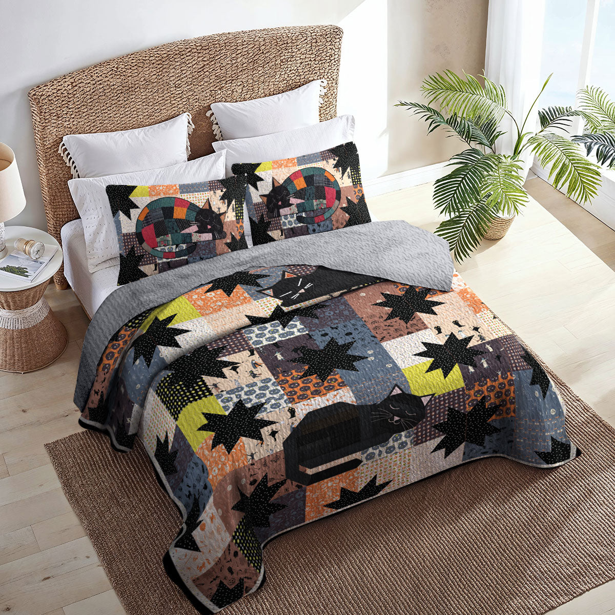 Shineful All Season Quilt 3-Piece Set Star Blocks Sleeping Black Cats