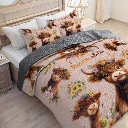 Shineful All Season Quilt 3-Piece Set - Highland Cow With Flowers