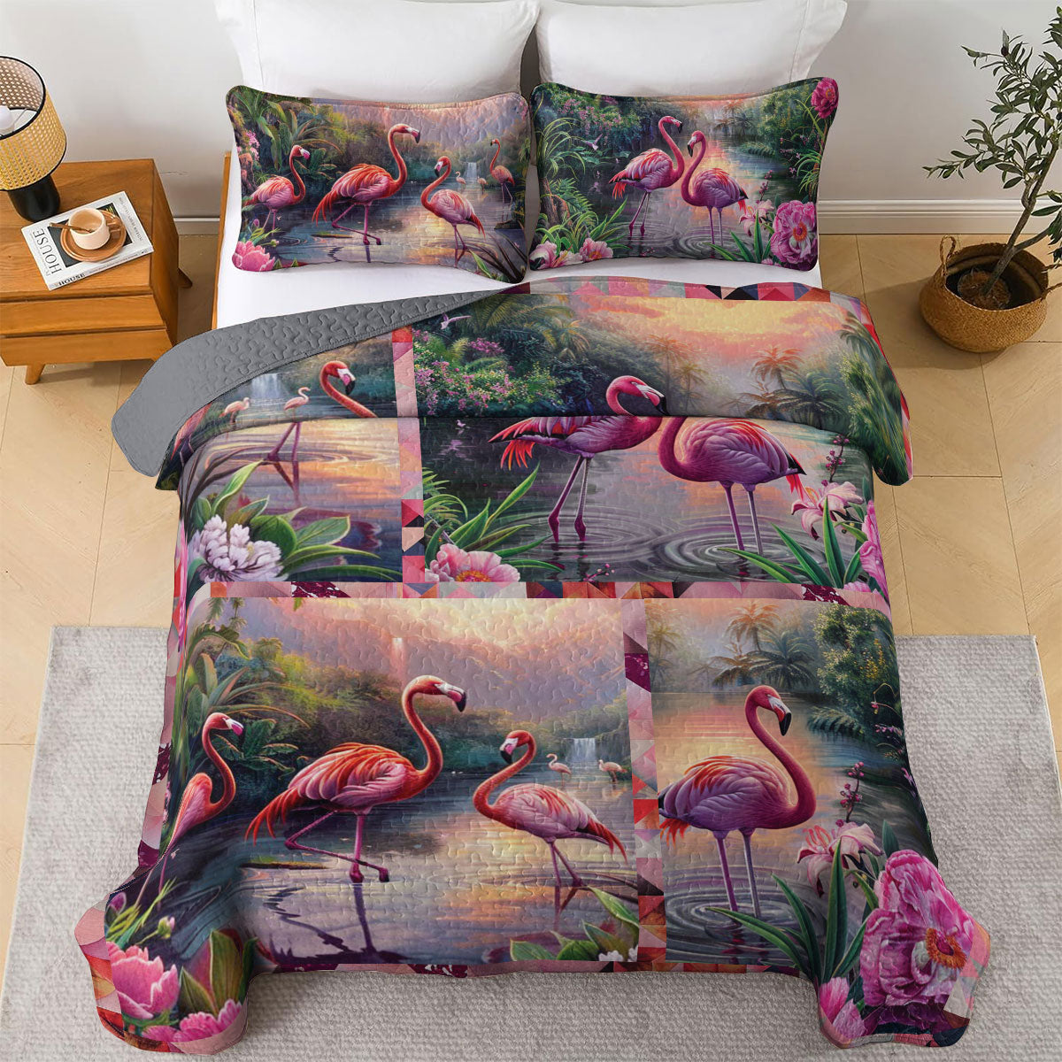 Shineful All Season Quilt 3-Piece Set Tranquill Flamingo