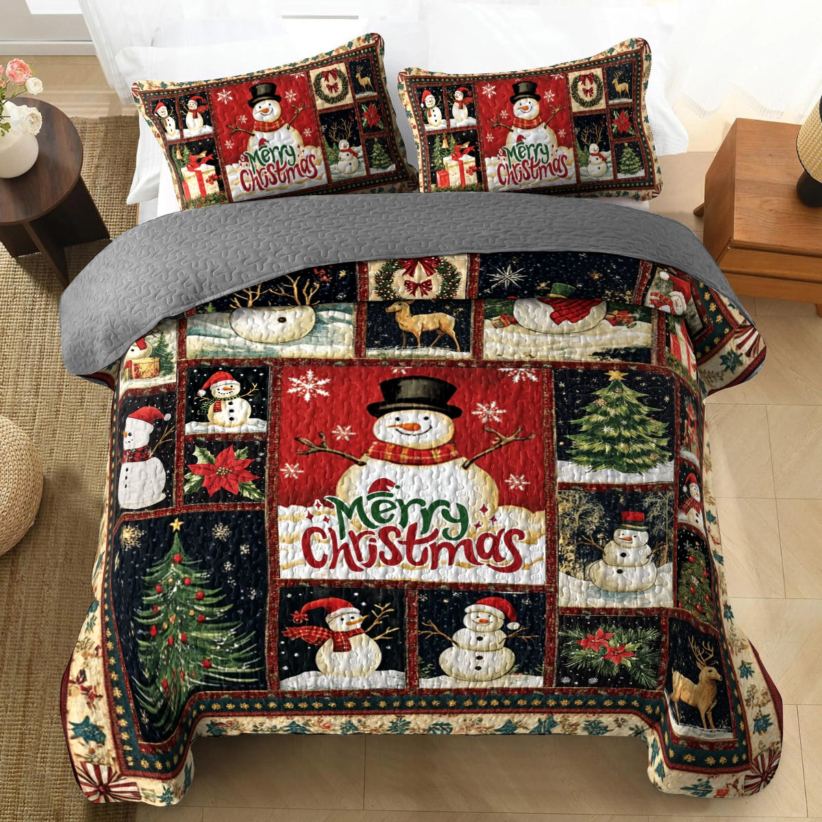 Shineful All Season Quilt 3-Piece Set Merry Snowman Christmas