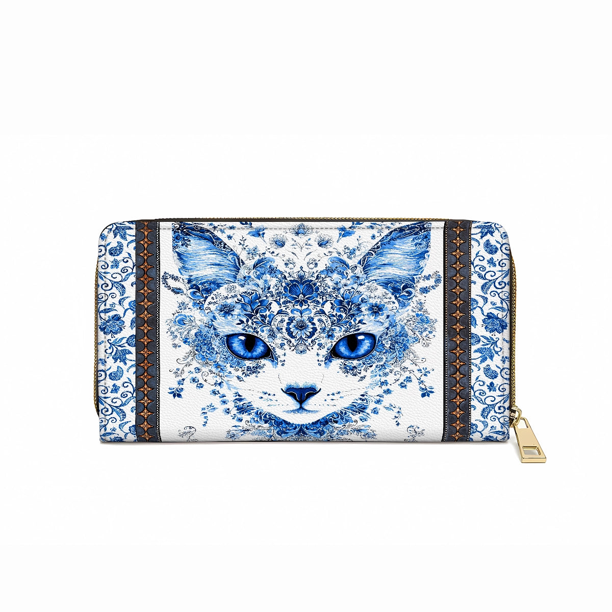 Shineful Leather Clutch Purse With Wristlet Strap Handle Blue Beauty Cat