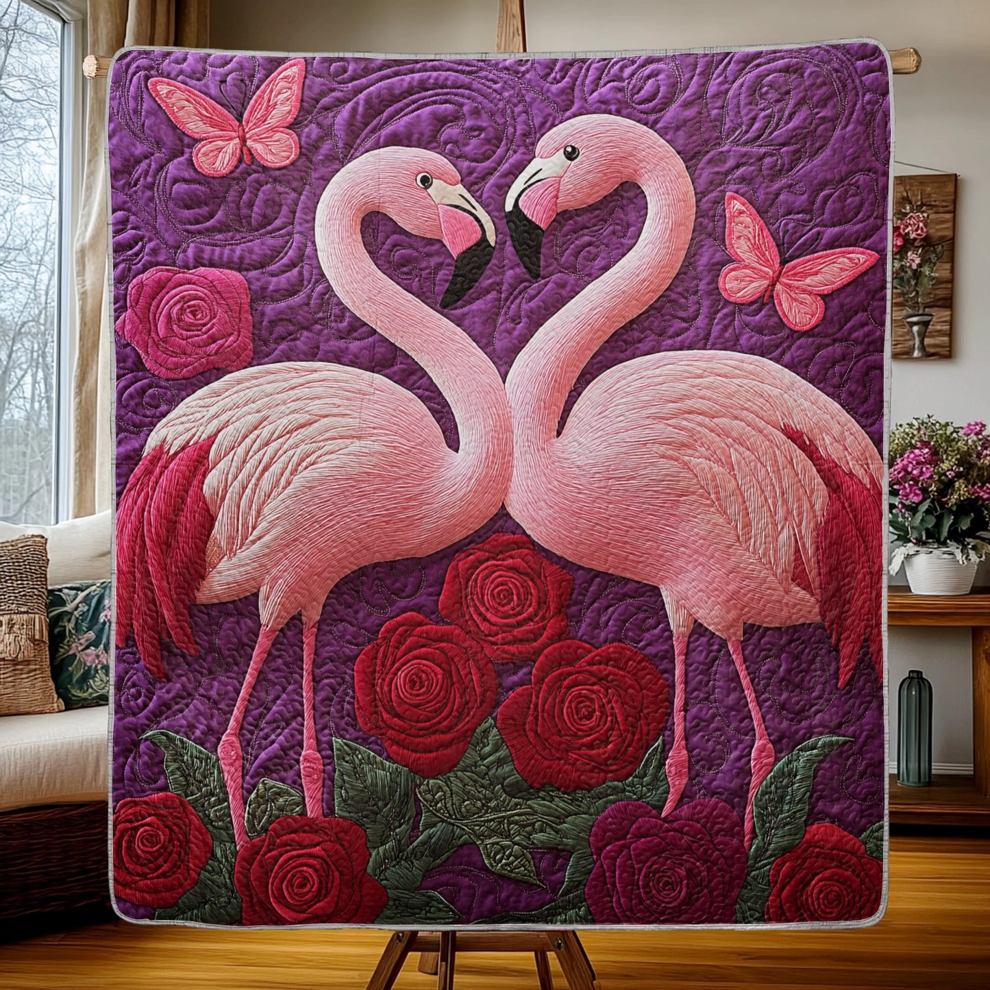 Shineful Flat Print Faux Quilt Blanket - Pink Flamingos in Love with Roses and Butterflies