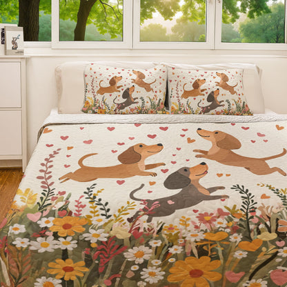 Shineful All Season Quilt 3-Piece Set Floral Dachshund With Heart