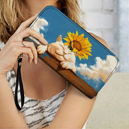 Shineful Leather Clutch Purse With Wristlet Strap Handle Relaxing Cat