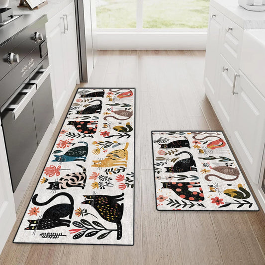 Shineful Ultra-Thin Non Skid Floor Mat, Kitchen Rugs Rug Botanical Cat Bliss