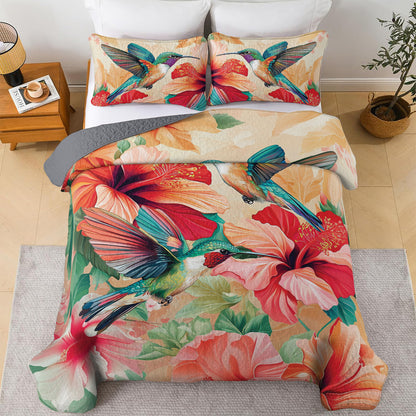 Shineful All Season Quilt 3-Piece Set Hummingbird and Hibiscus